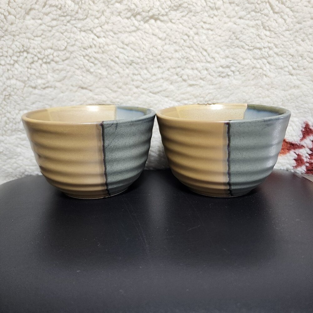 Vintage Sango Gold Dust Green 5040 5" Ice Cream Bowls Mixing Textured Set of 2 - Picture 1 of 6
